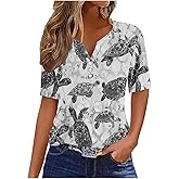 Womens Short Sleeve Tops Summer Fashion Animal Print T Shirt Casual V Neck Button Blouses Sea Turtle Graphic Tees
