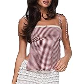 Women Plaid Backless Crop Top Y2k Lace Trim Open Back Tie-Up Spaghetti Strap Tank Top Summer Gingham Going Out Top