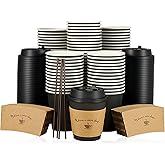 LITOPAK 100 Pack 10 oz Paper Coffee Cups for Hot Chocolate Drinks, Black Disposable Coffee Cups with Lids, Sleeves and Stirring Sticks for Parties, Picnic, Travel, and Events