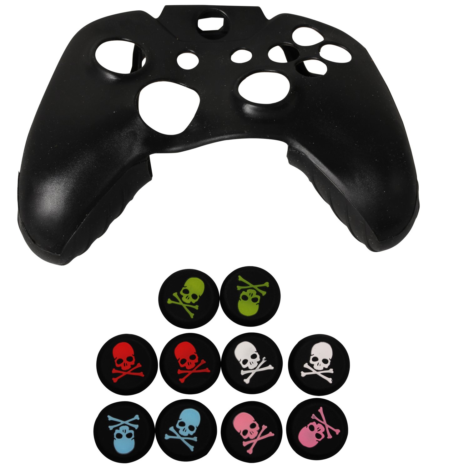 eJiasu suave de silicona de caucho piel de la caja de protección con 5 pares de estilo de cráneo joystick de silicona palo de pulgar tapa tapa de agarre para el controlador de la manija de Xbox One (1PC Negro protectora piel + 5 pares de joystick cubre)