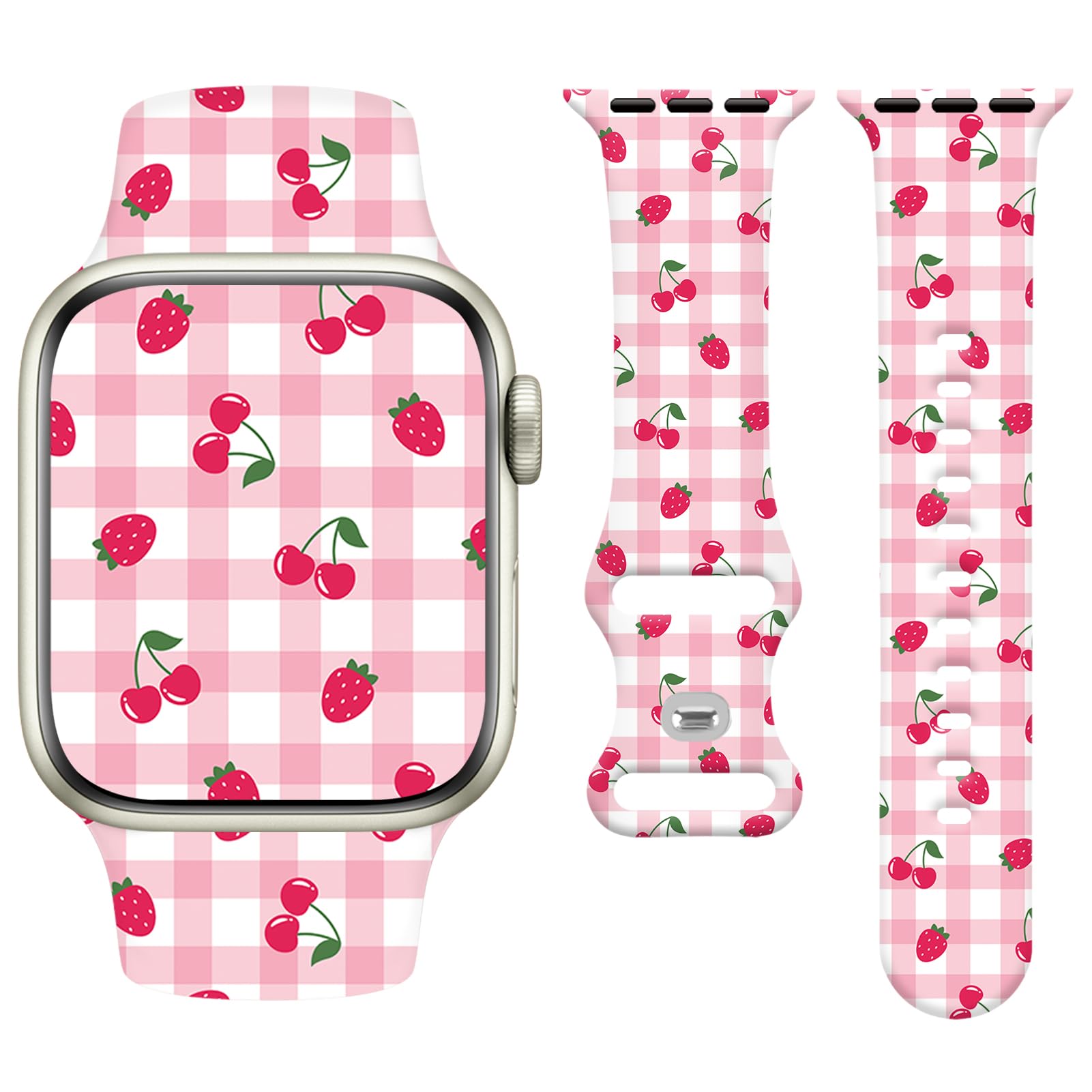 Watbro Cute Watch Band Compatible with Apple Watch Checkered Cherry Strap for Women Girls, Soft Silicone Compatible with iwatch Series 11 10 9 8 7 6 5 4 3 2 1 SE Ultra 38 40 41 42 44 45 46 49mm