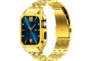 AMZNEW HASLFM Stainless Steel Band with Case Compatible with Apple Watch Series 6 5 4 SE3/2/1(44mm),Series 3 2 1 (42mm), Metal Protective Bumper Cover for iWatch Bands Men,Gold