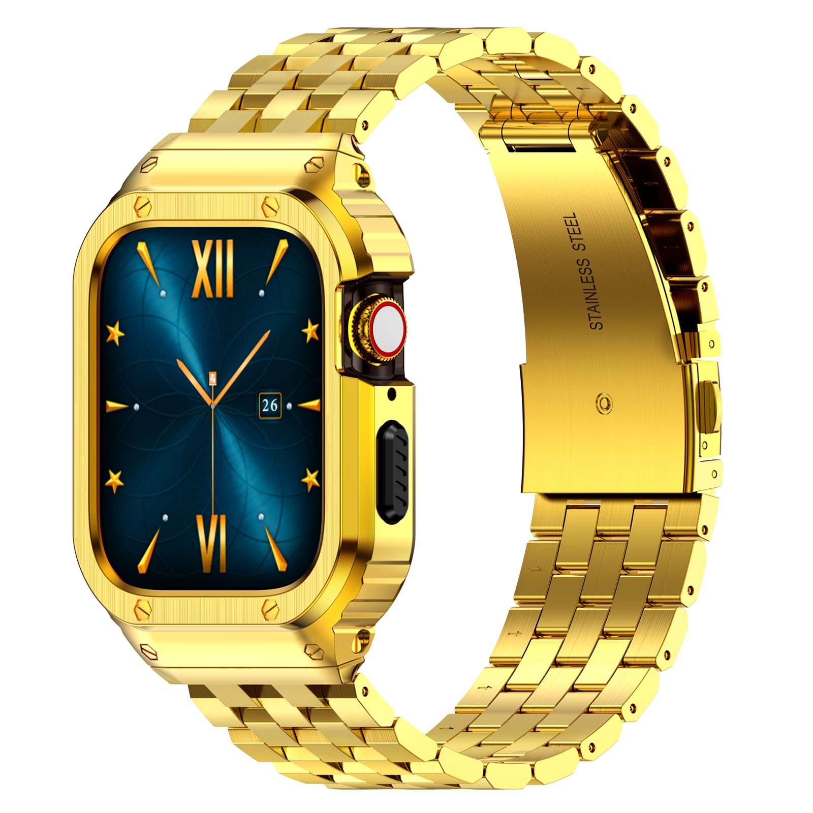 HASLFM Apple Watch Straps Compatible for Apple Watch 41m(Series 9/8/7), 40m(Series 6/5/4/SE), 38mm(Series 3/2/1),Rugged Metal Stainless Steel iWatch Band with Protective Case for Men，Gold
