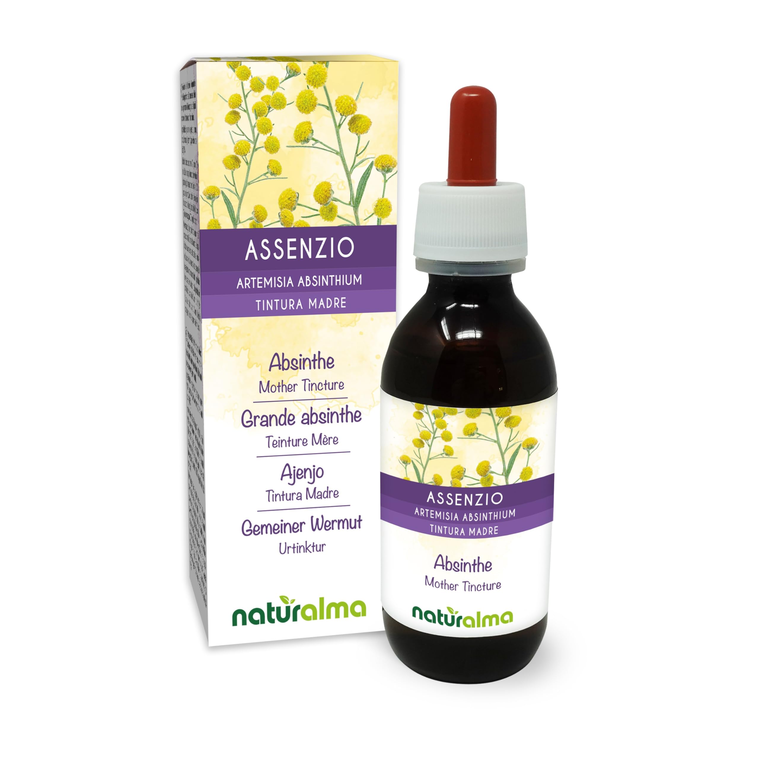 Absinthe or Grand Wormwood (Artemisia Absinthium) herb with Flowers Alcohol-Free Mother Tincture Naturalma - Liquid Extract Drops 120 ml - Food Supplement - Vegan