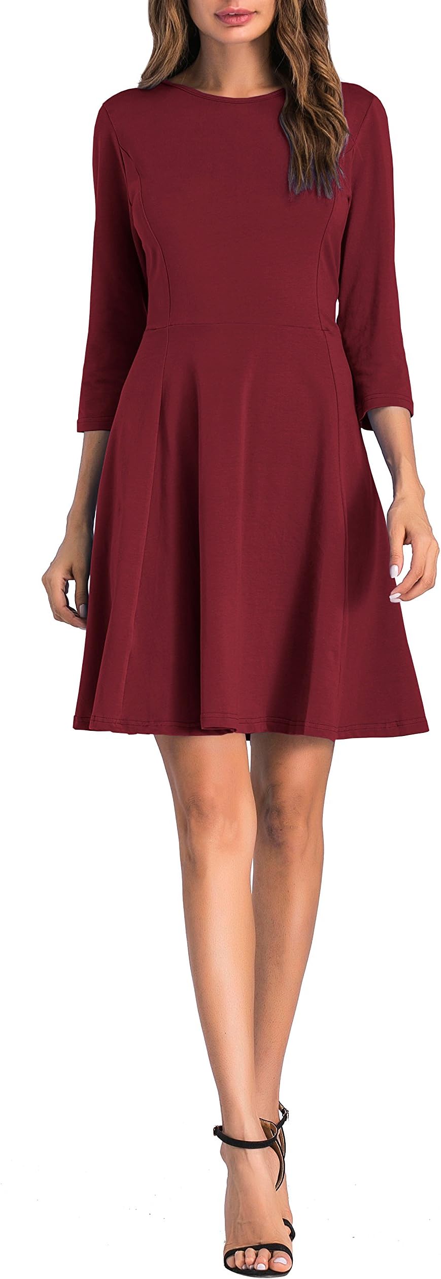 Womens 3/4 Sleeve A-line Casual Dresses Knit Fit and Flare Dress