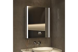 HBEZON Medicine Cabinet with LED Lights and Mirror, 24 x 36 Inch Surface or Recessed Mounted Bathroom Cabinet with Door, Clock&Temp, Defogger, Memory Function, 3-Color Mode, Outlet&USB, Dimmer