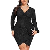 CYCLAMEN 1X-4X Plus Size Sparkle Glitter Ruched Bodycon Mini Wrap Dress Sparkly Sequin Dresses Ruffle Sleeve Party Cocktail