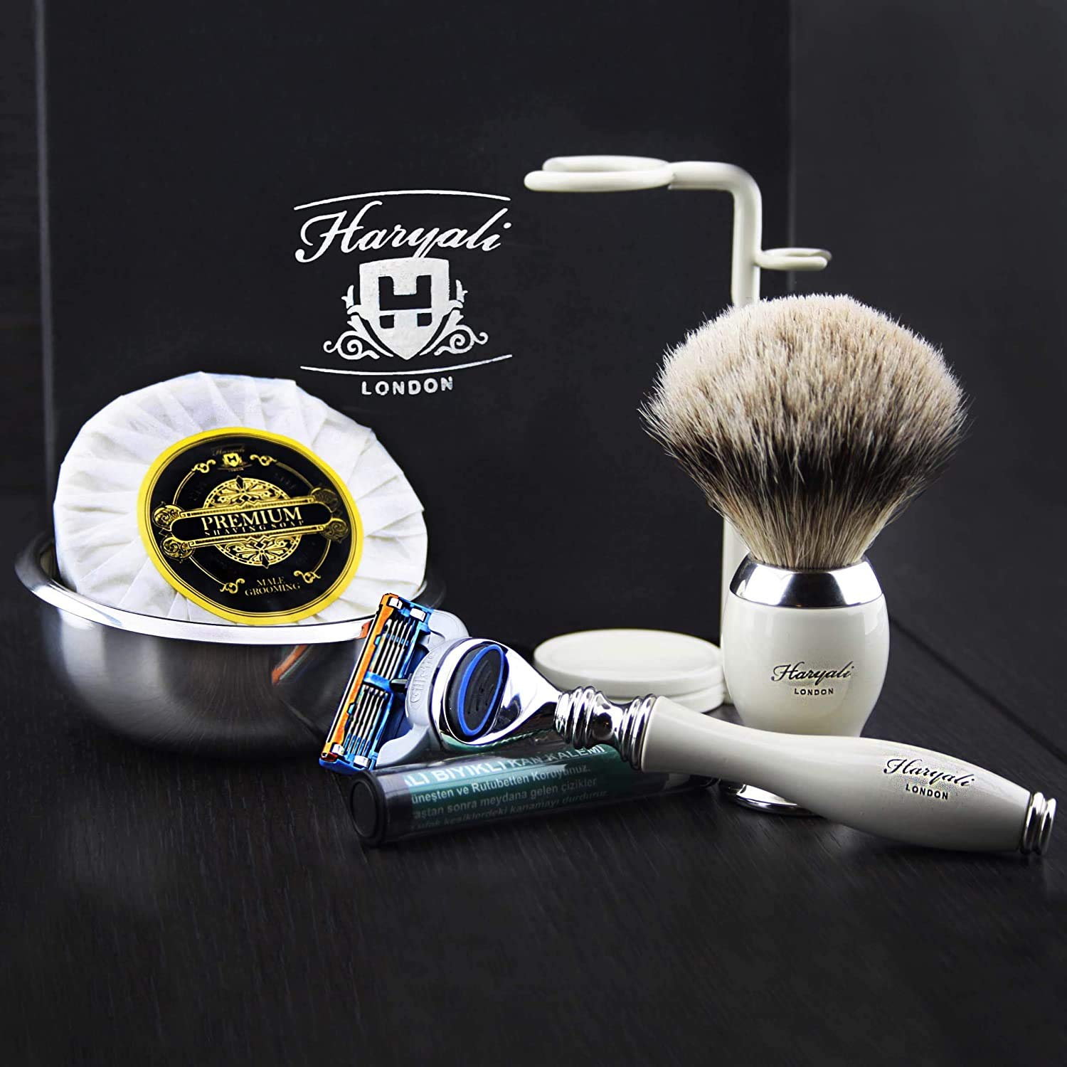 Haryali London 6 Pc Men Shaving Kit 5 Edge Razor with Silver Tip Badger Hair Shaving Brush, Stand, Soap, Bowl and Alum Perfect Set for Men