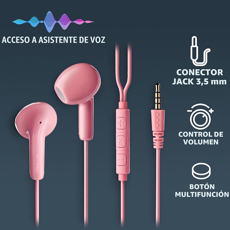 Cross Flip Pink - Auriculares Intraaurales con Micrófono y Botón Multifunción, Control de Música y Llamadas, Cable 120 cm, Jack 3,5 mm