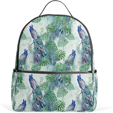 Amazon 旅人 キッズ カバン リュックサック バックパック 子供用 孔雀と緑の葉柄 麗しい ファッション 小学生 通学 軽量 旅行 リュックサック