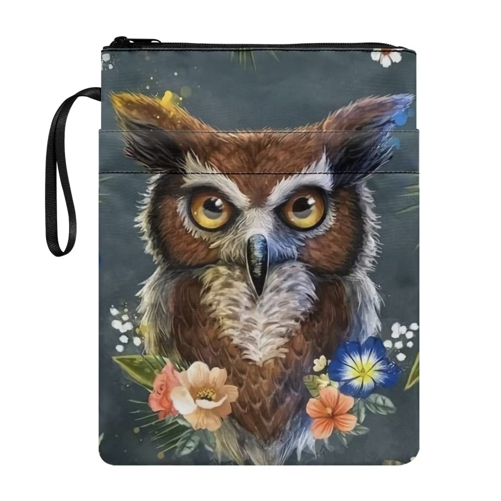 Poceacles Funny Owl Flowers Pattern Book Sleeves with Front Pocket Polyester Zipper Book Sox Suitable for Most Hardcover Books Office School Products