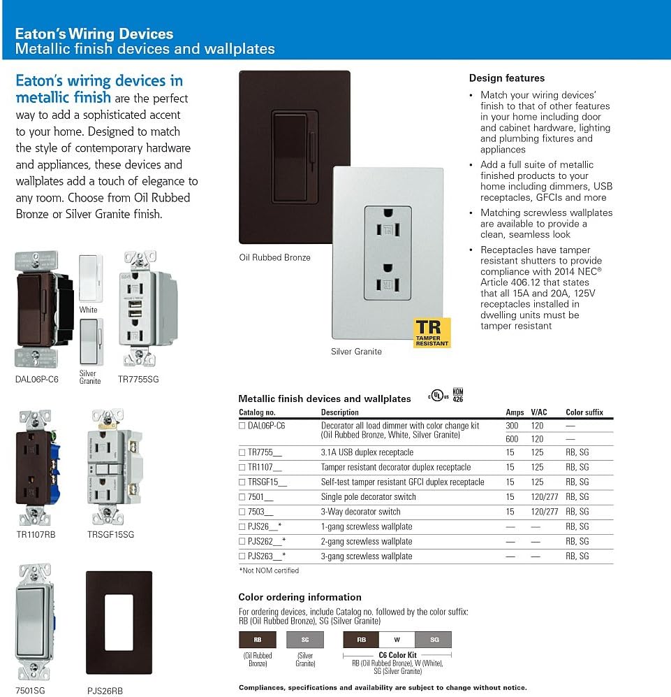 EATON TR1107SG-SP-L Designer Duplex Receptacle, Silver Granite - - 