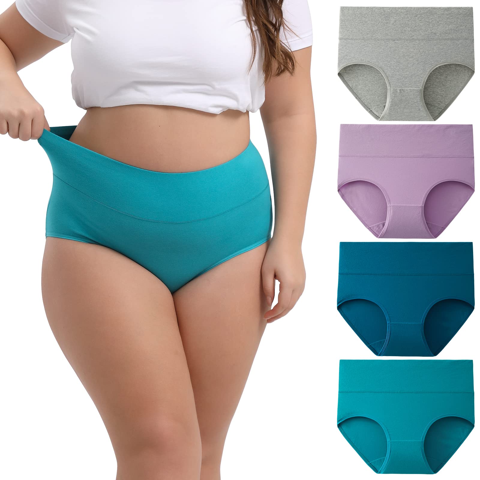 Photo 1 of INNERSY Women's Plus Size XL-5XL Cotton Underwear High Waisted Briefs Panties 4-Pack(Mint Sky,4X-Large)