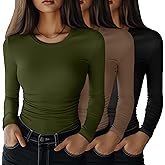 Velvelhall 3 Pack Women's Long Sleeve Shirts, Crew Neck Side Ruched Tops Slim Fit Casual T Shirts Basic Fashion Tight Tees