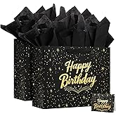 BeiLaad Large Happy Birthday Gift Bag with Tissue Paper and Greeting Card, Black Gift Bag for Men Women Birthday, Party, Medium size(2 PCS Black)