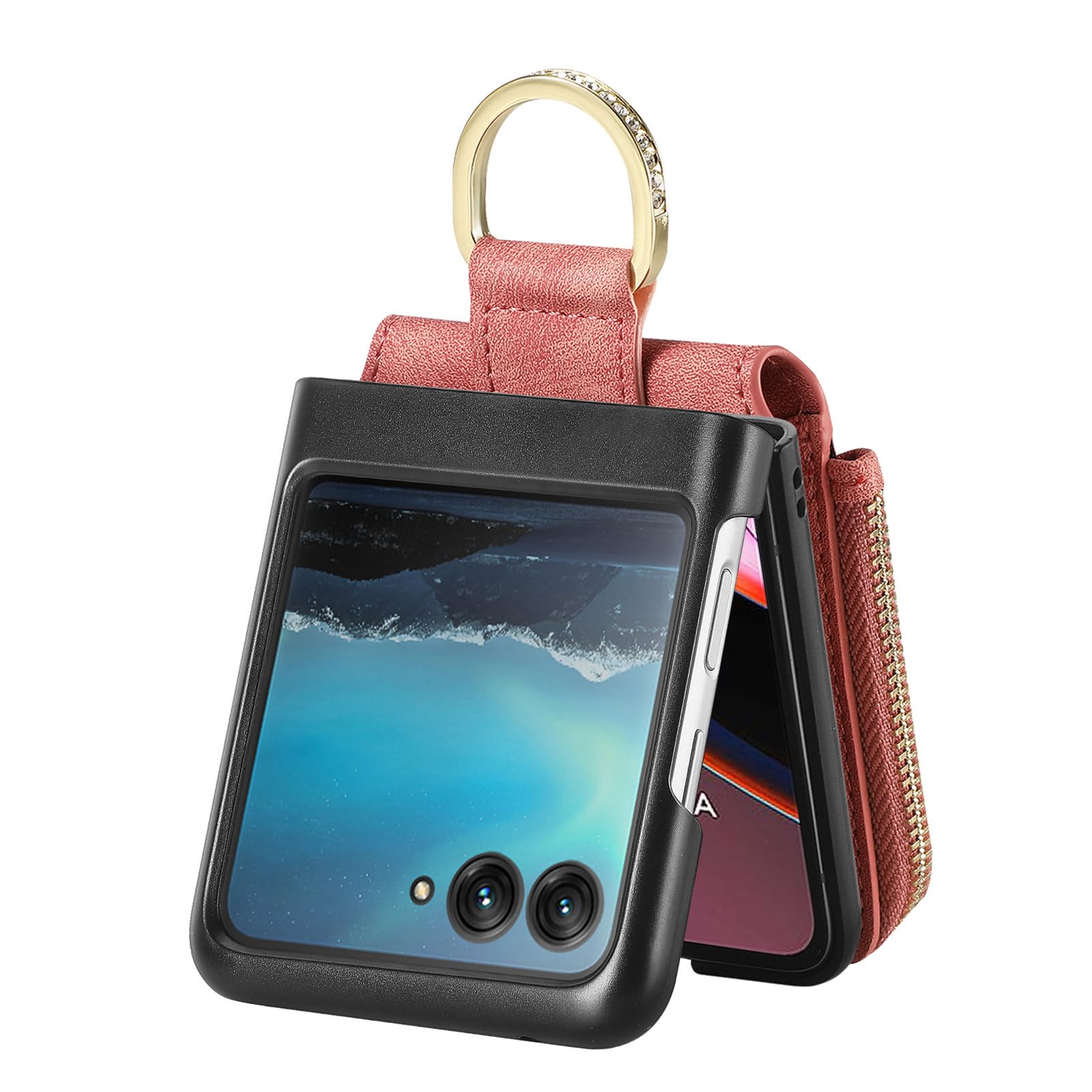 COQUE Shell Motorola Razr 40 Ultra Protective Cover,Magnetic Folding Zipper Wallet Card Slot Mobile Phone Leather Case for Motorola Razr 40 Ultra-Pink