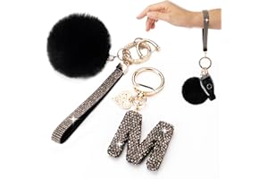 HONYJOOM Initial Letter Keychain for Women Girl Bling Rhinestone Sparkly Bag Backpack Purse Charm Cute Pom Pom Key Chain Wristlet