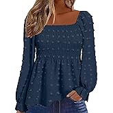 Flamingals Women's Long Sleeve Peplum Blouse Square Neck Cute Elegant Ruffle Smocked Babydoll Shirts