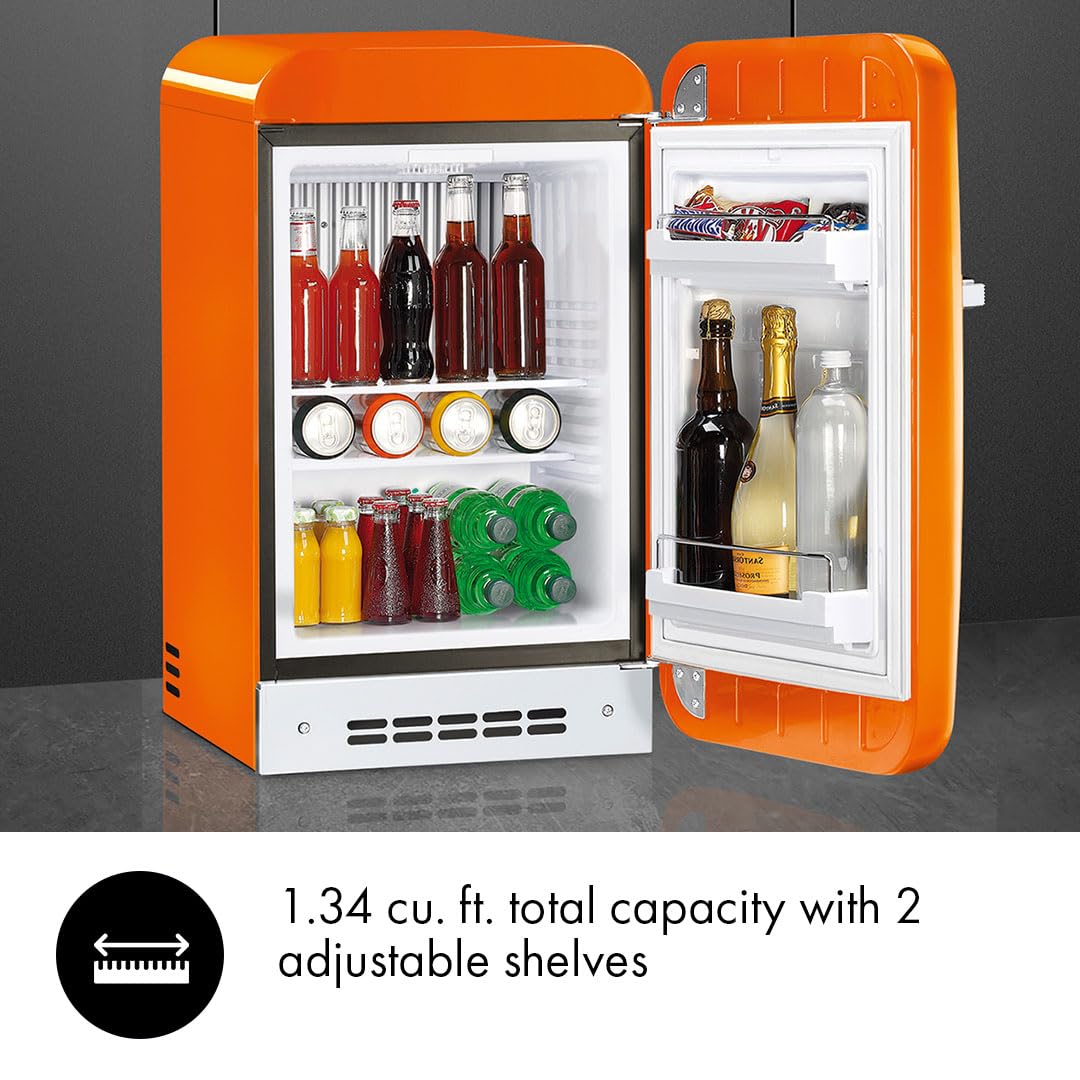 SMEG FABUROR3 FAB5 Retro Mini Fridge – 50s Style Compact Small Refrigerator, 1.2 cu ft, Automatic Defrost, LED Lighting, Adjustable Shelves– Made in Italy, Orange