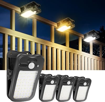 Luz Solar Exterior con Pinza - Lámparas Solares con Sensor de Movimiento 800LM Foco Solar 3 Modos & 3 Colores Luces Solares con USB y Control Remoto Impermeable para Valla Jardines (4 Piezas)