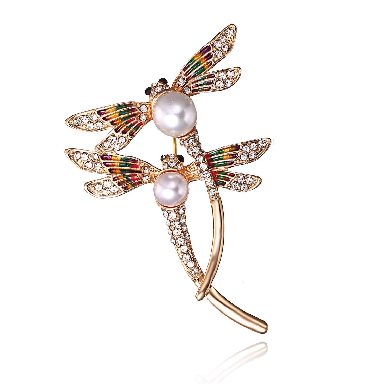 Elegant Dragonfly Brooch Pins, AILUOR Gold Tone Austrian Crystal Colorful Enamel Double Dragonfly Simulated Pearl Rhinestone Brooch Jewelry (Gold)