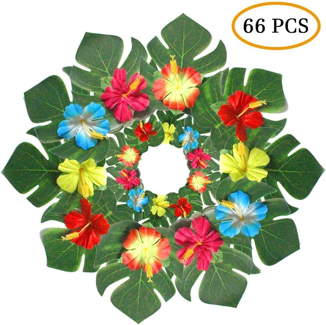 InnoBase Hawaiian Decorations Tropical Palm Leaves and Hibiscus Flowers Party Supplies Simulation Leaf for Table Party Luau Party Jungle Beach Theme Party Decorations 66Pcs 8"