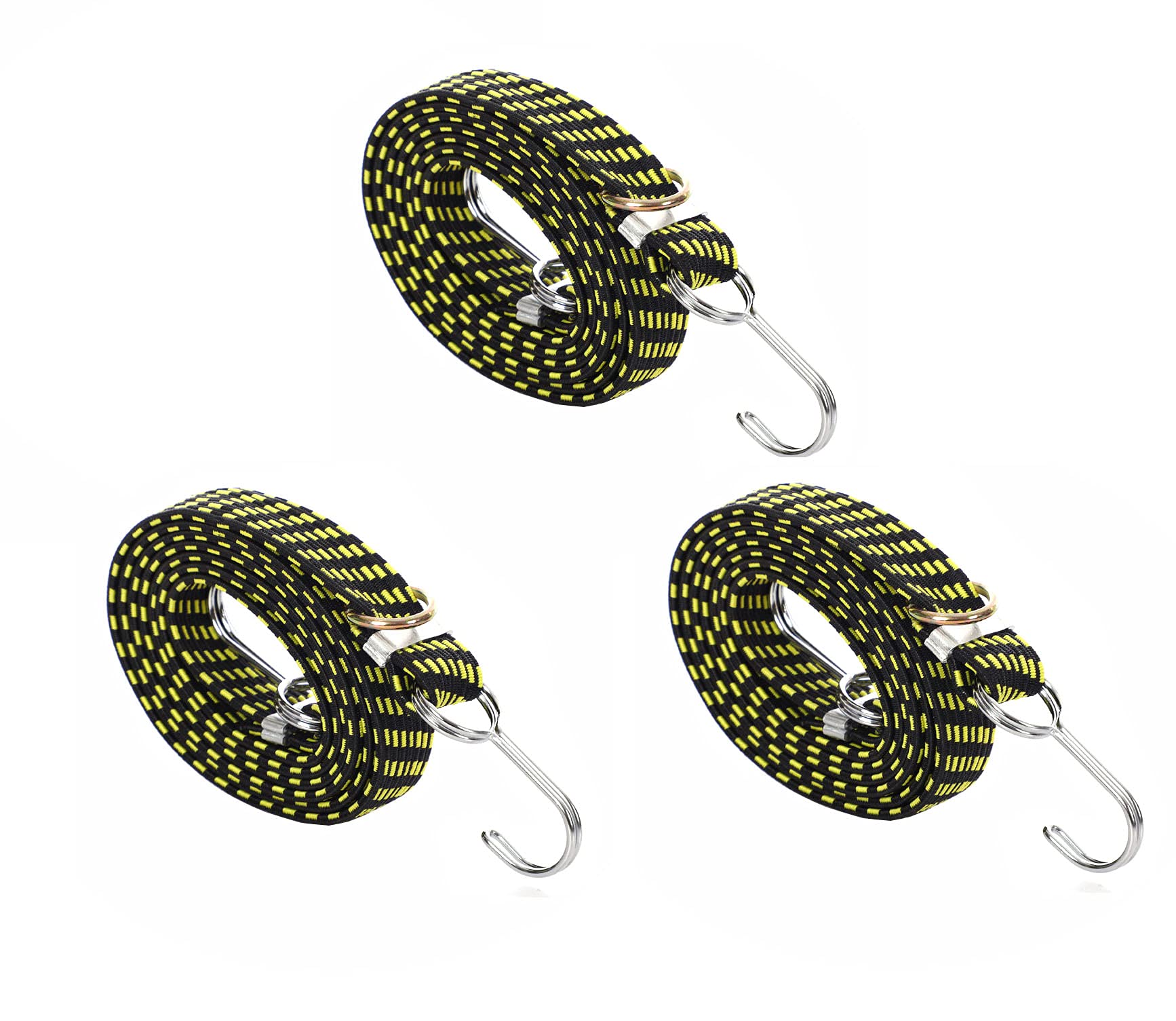 Tiardey 3pcs 80inch Adjustable Flat Bungee Cords Latex Straps with Buckle & Hooks for Cart,Heavy Duty Cargo,Camping,Gardening, Clothesline - Yellow