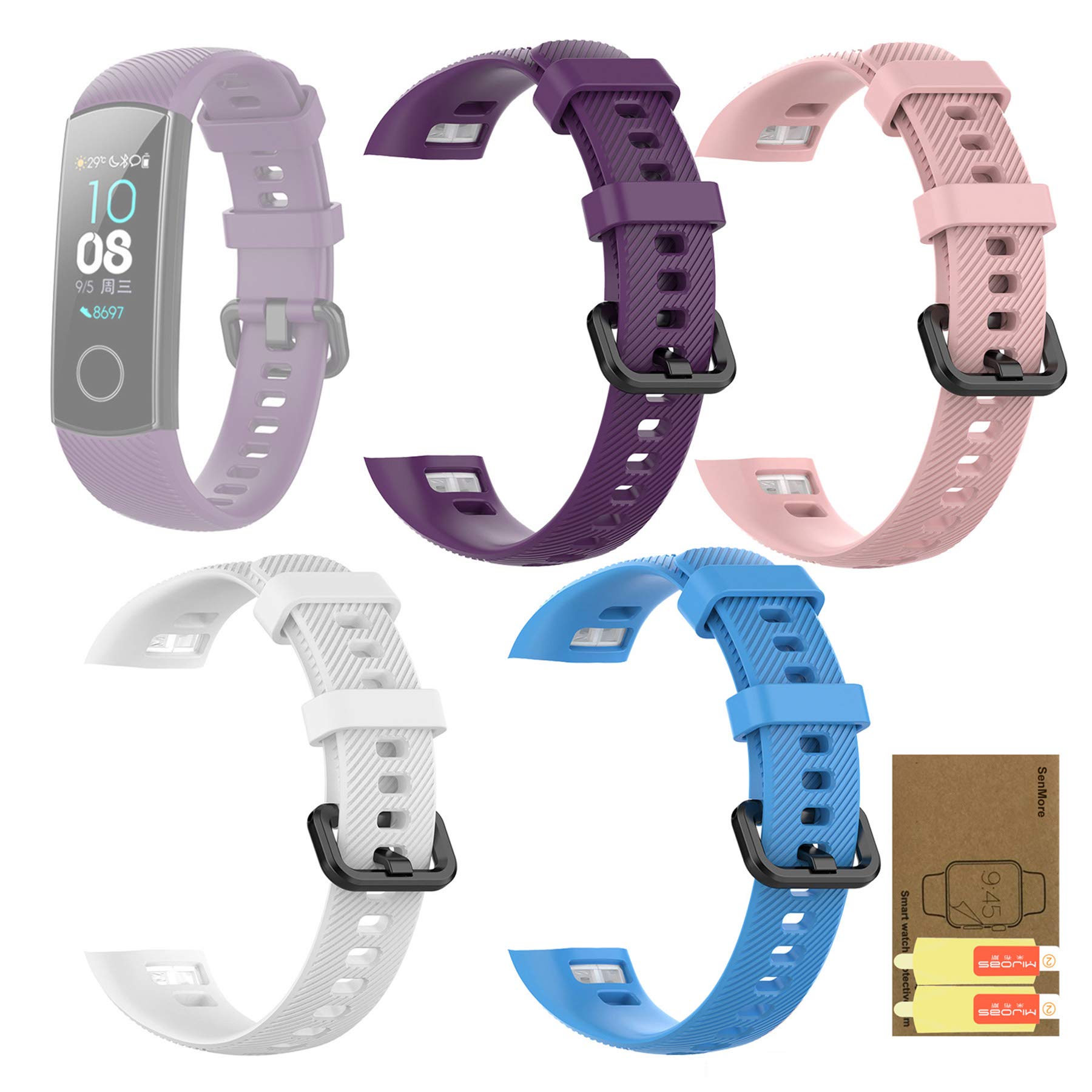 SenMore Bracelet Straps for Honor Band 5 Band 4, Colourful Soft Silicone Waterproof Replacement, Bracelet Strap for Honor Band 4 Band 5 (4PCS-PPWB)