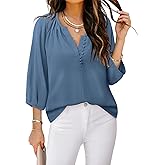 Triratna Womens Blouses Dressy Casual V Neck 3/4 Sleeve Tops Fashion Boho Chiffon Button Down Shirts