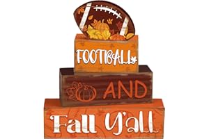 QUZZIL 4 Pcs Fall Thanksgiving Decor for Home Football Wooden Signs with Sayings Fall Thanksgiving Tiered Tray Decor Pumpkin Football Tabletop Centerpiece Maple Leaf Block Signs for Office Kitchen Shelf