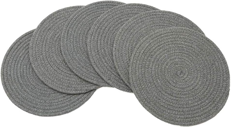 JOYEAR Round Woven Braided Insulation Mat๏ผMulti-Color Non-Slip Coaster Table Place Mats for Dining, Heat and Stain Resistant, Kitchen Washable Large Size Placemats (Pack of 6 Dark Grey-Round)