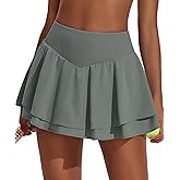 PINSPARK Womens Pleated Tennis Skirt Double Ruffle Golf Skort Tummy Control Athletic Skirts with 3 Pockets Workout Pickleball