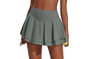 PINSPARK Womens Pleated Tennis Skirt Double Ruffle Golf Skort Tummy Control Athletic Skirts with 3 Pockets Workout Pickleball
