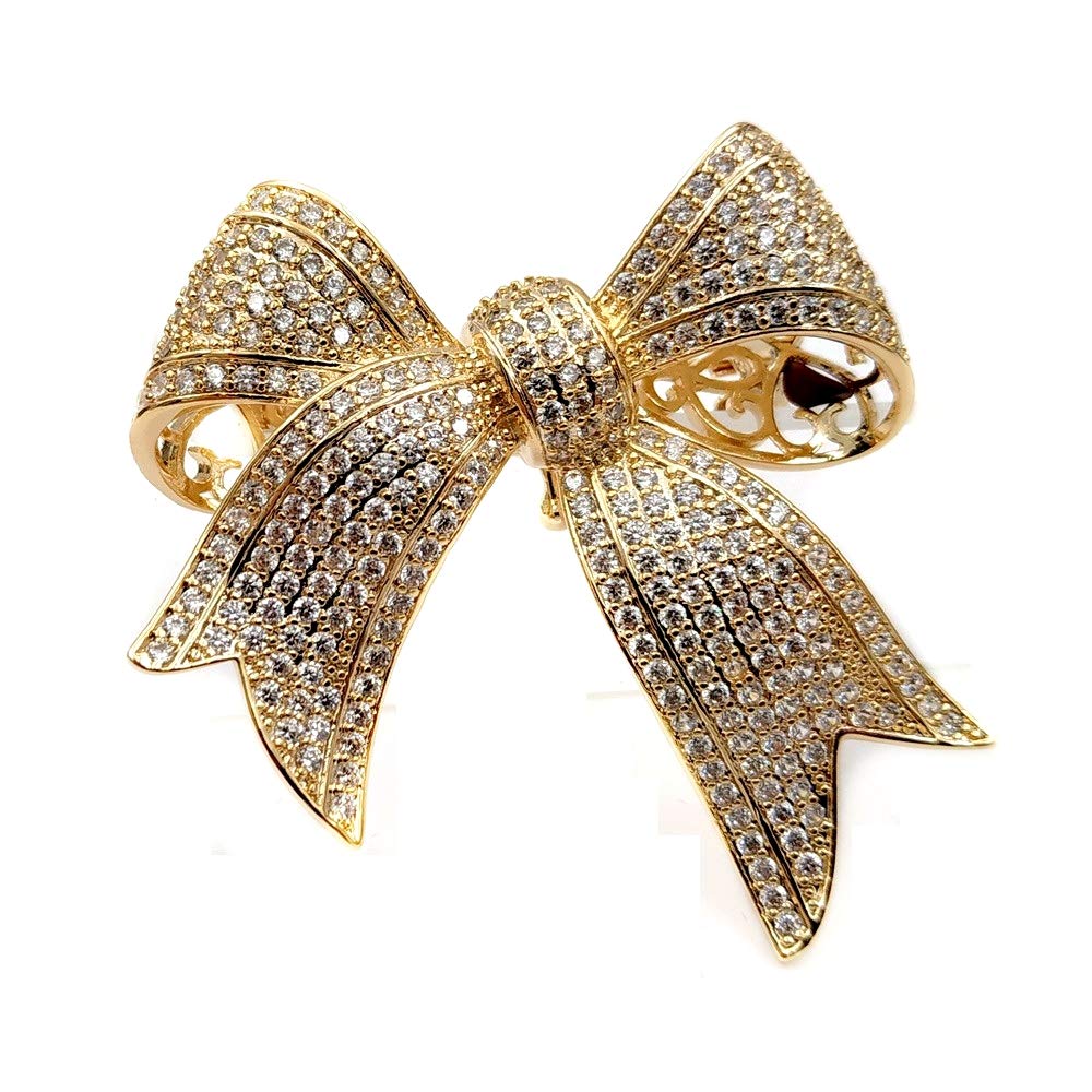 Dreamlandsales Victorian Vintage Gold Tone Full Micro Pave Ribbon Bow Brooches Pins Women Accessory, Copper, cubic-zirconia