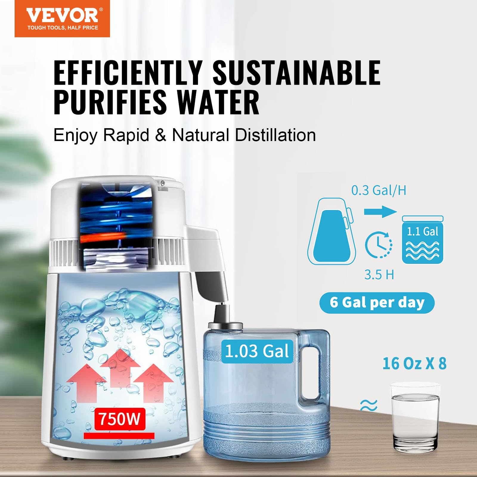 VEVOR Destilador de agua, máquina de agua destilada de 1,1 gal, destilación de agua pura de 750 W con contenedor de plástico libre de BPA, kit de destilación de agua con botón, fabricante de agua destilada de encimera para el hogar, blanco