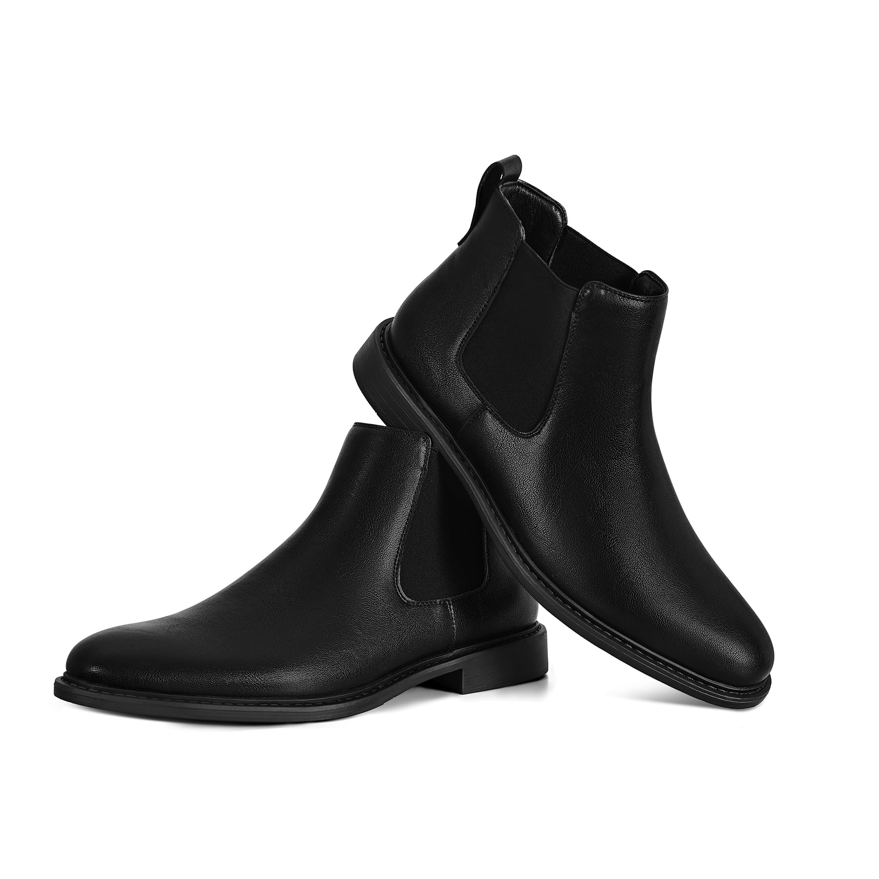 Photo 1 of Mens Black Chelsea Boots - Classic PU Slip On Dress Boots with Side Elastic Panels - Comfort Low Heel Ankle Shoes - Black 7.5