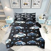Erosebridal Police Car 7 Pieces Bedding Set Twin for Boys Bedroom | Cartoon Car Comforter Set with Sheets for Kids Teens Youth Men Policeman Vehicle Bed in A Bag Star Black Bed Sets Microfiber