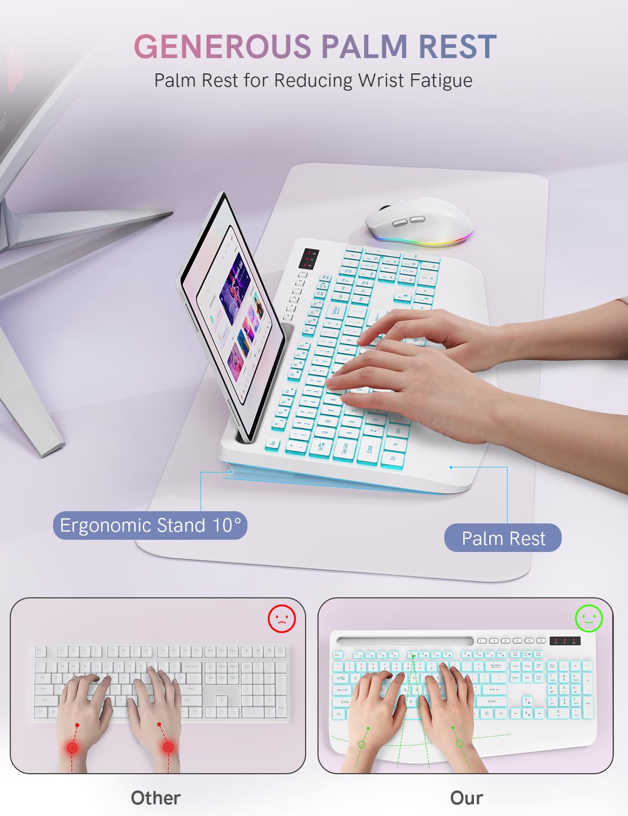 Wireless Keyboard and Mouse Combo with 7 Colored Backlits, Wrist Rest, Rechargeable Ergonomic Keyboard with Phone Holder, Silent Lighted Full Size Combo for Windows, Mac, PC, Laptop-Trueque (White)