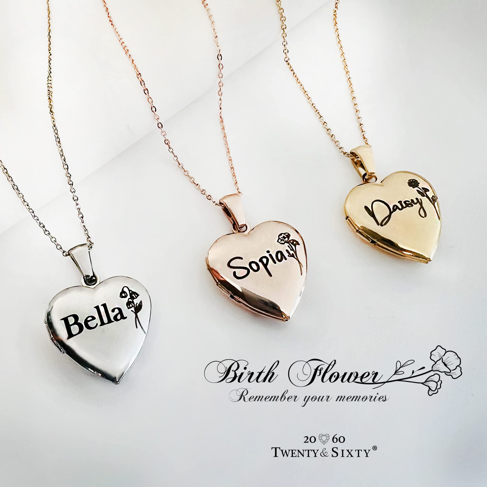 Twenty&Sixty Personalized Heart Locket Necklace for Women, Girl, Kids, Holds Pictures, Birth Flower Personalized & Engraved Picture Locket Necklace Gold/Silver/RoseGold