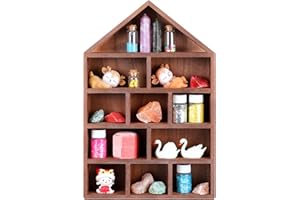 Threehoney House Shaped Wooden Shadow Cubby Box 10 W x 2 1/4 D x 15 H Hanging Display Shelf Organizer Wall Mounted Curio Cabinet Wooden Display Case Miniature Shelf for Figures(Brown)