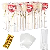 Cake Pop Stand with Sticks Kit, 21 Holes Lollipop Display Stand, Acrylic Cake Pop Display Holder, Lollipop Holder with 100 Pcs Sticks, 100 Pcs Clear Wrappers, 100 Pcs Gold Twist Ties