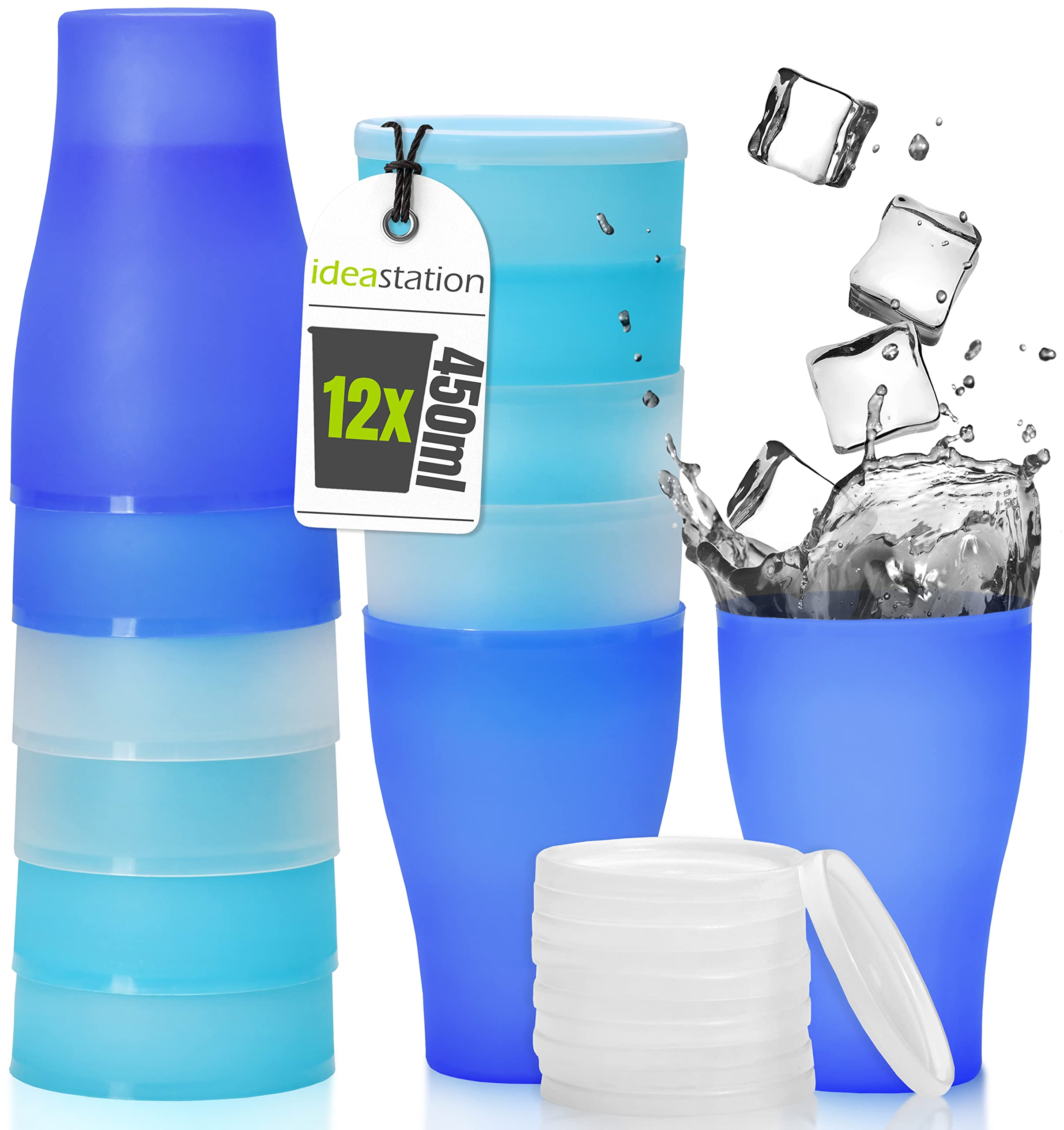 idea-station NEO Plastic Cups with lids 12 x 450 ml - ice-Edition - Reusable Camping Kitchen Party Cups, Plastic Cocktail Glasses - Suitable for Hot and Cold Drinks, Dishwasher Safe