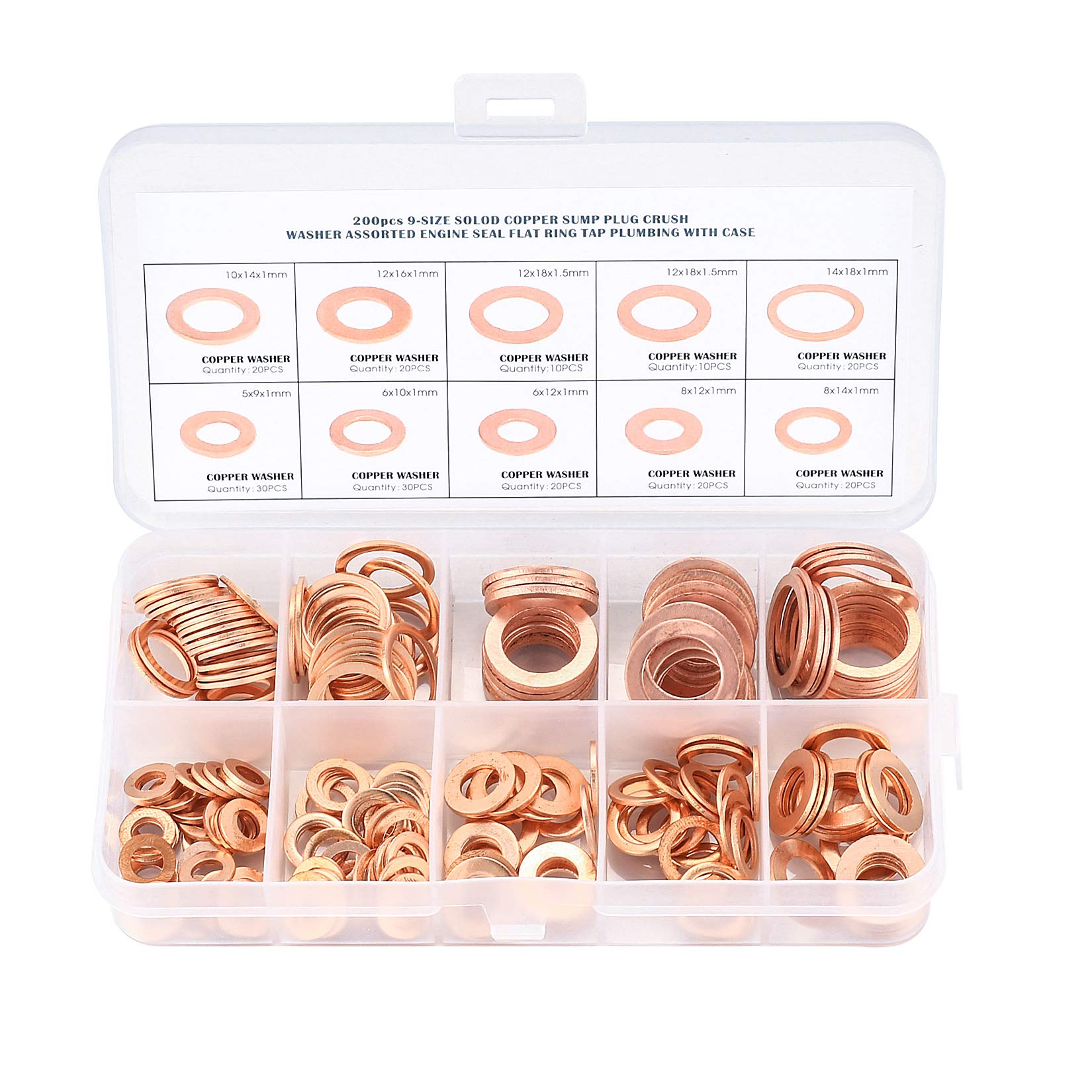 200 Pcs Copper Washers Assorted, Flat Washers Kit, 9 Sizes Sealing Ring Washer Assortment Set, Plain Washer with Storage Box(M5 M6 M8 M10 M12 M14) — image 1