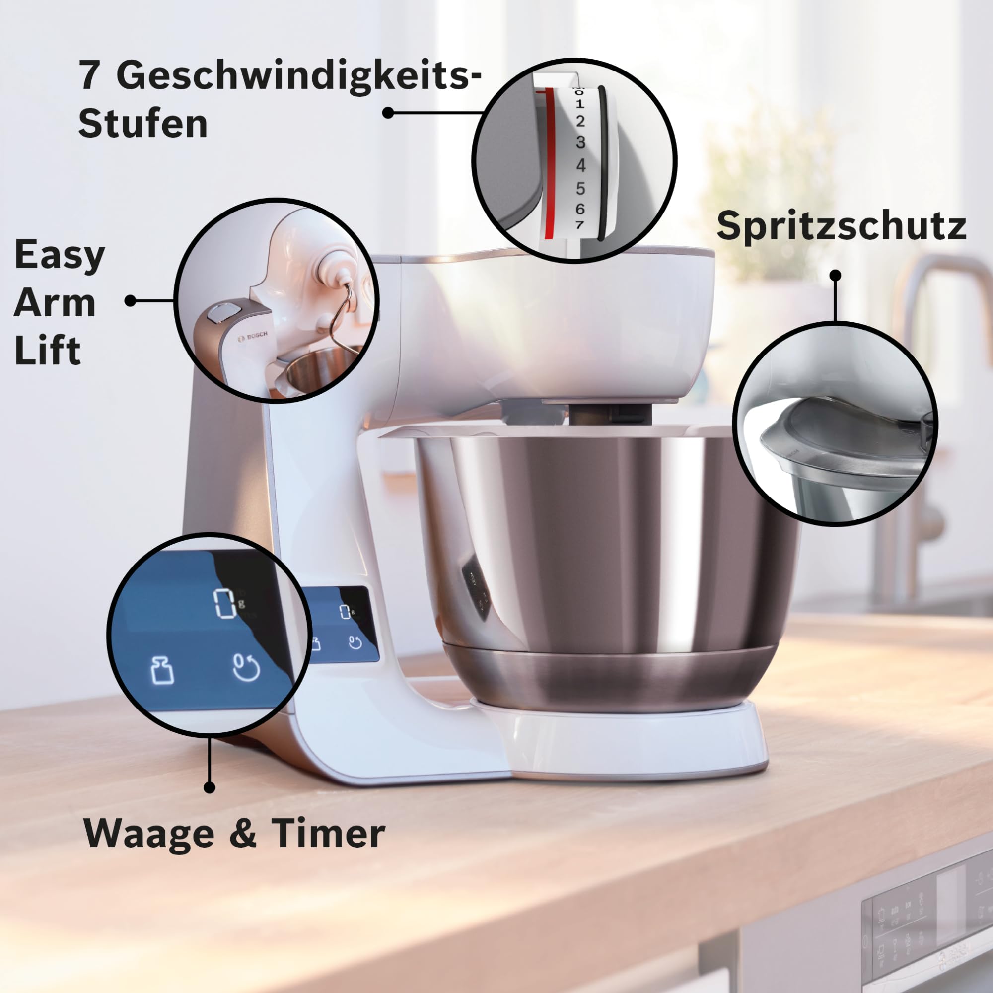 Bosch Küchenmaschine Serie 4, integrierte Waage, Mixer 1,25 L, Edelstahl-Schüssel 3,9 L, Profi-Knethaken, Schnee-, Silikonbesen, Durchlaufschnitzler, 4 Scheiben, 1000 W, weiß, MUM5XW20 5