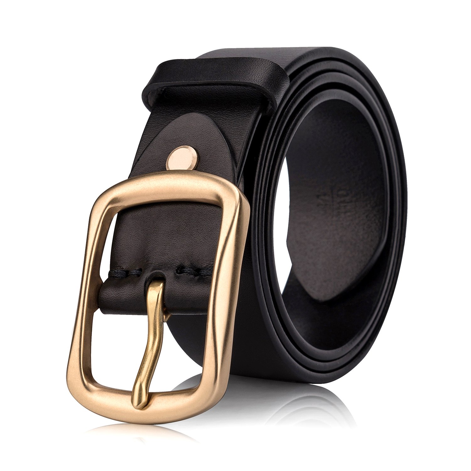 Men's Genuine Leather Belts with Solid Brass Gold Buckle, TopGrain One