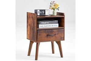 YUFAM Wooden Night Stand,Mid Century Modern Nightstand,Side Tables with Fabric Drawers and Open Storage Shelf,Bedside Table with Wood Legs,End Table for Bedroom,Sitting Room and Small Spaces (Brown)