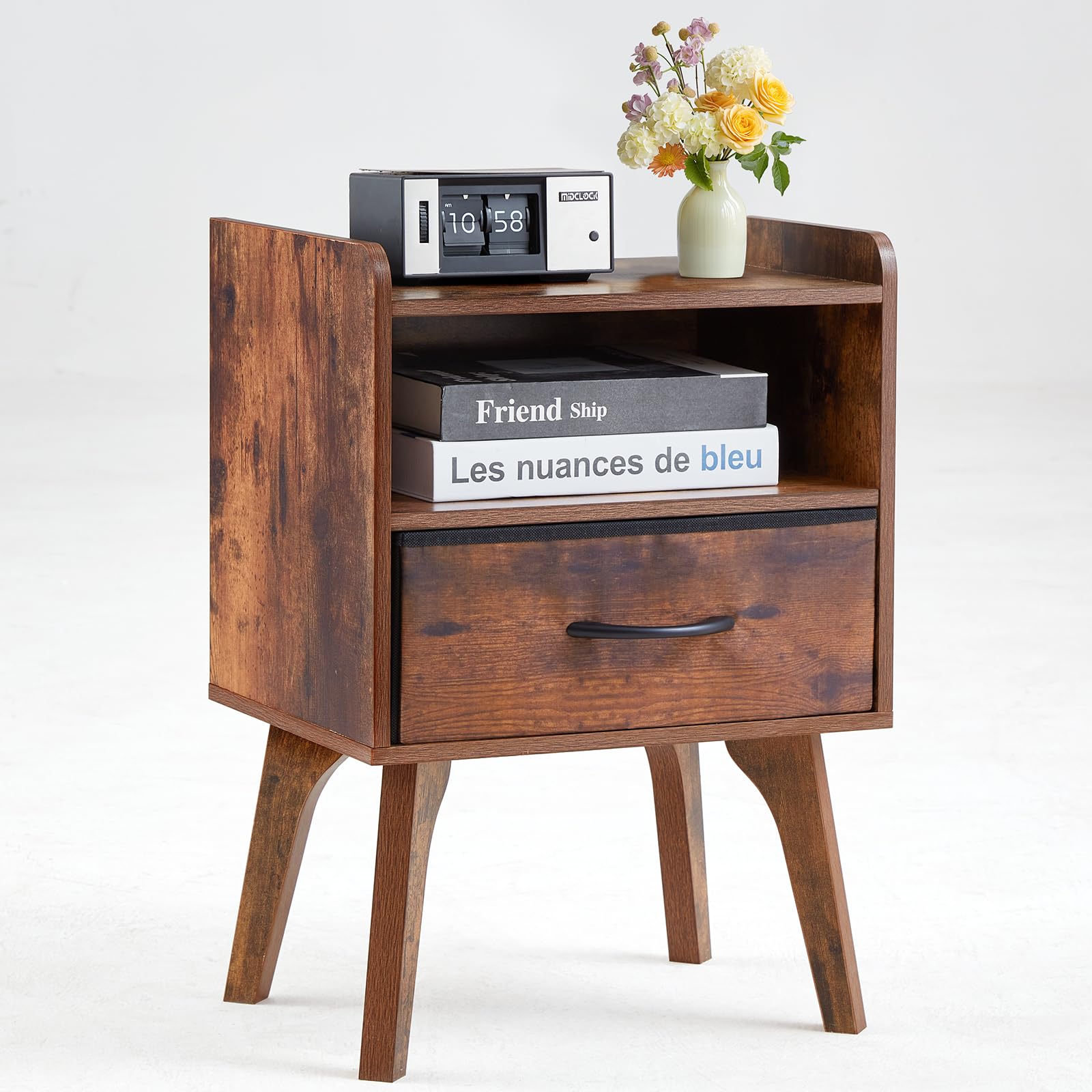 Photo 1 of YUFAM Wooden Night Stand,Mid Century Modern Nightstand,Side Tables with Fabric Drawers and Open Storage Shelf,Bedside Table with Wood Legs,End Table for Bedroom,Sitting Room and Small Spaces (Brown)***factory sealed