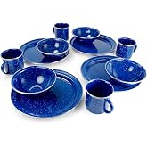 GSI Outdoors Pioneer Enamel 12 Pieces (4-Person) Dish Set I Enamelware Dishes Including Plates, Bowls and Mugs for Camping, Outdoors, RV, Camp, Blue