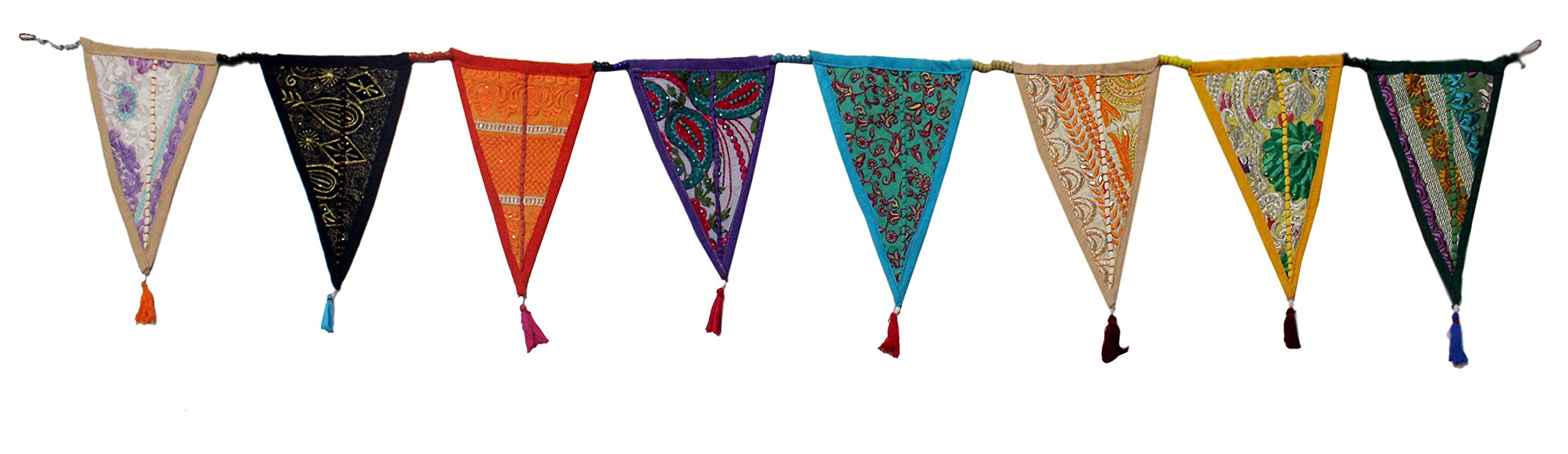 Mango Gifts Multicolour Up-cycled Sari Fabric Embroidered Handcrafted Patchwork Bunting Garland Decoration Outdoor/Indoor Valance with Wooden Beads, Length 210 cm