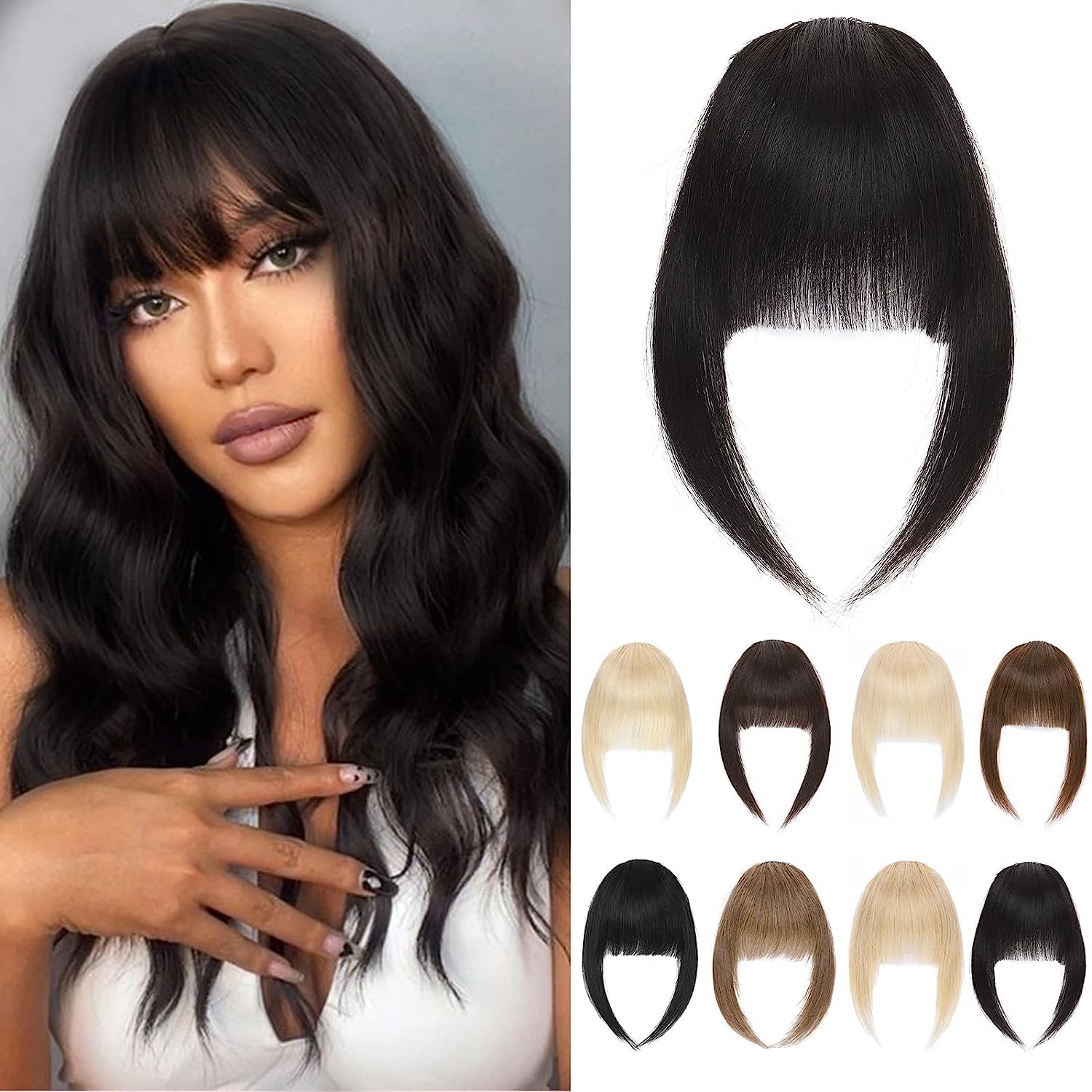 S-noilite Clip in Bangs - Real Human Hair French Bangs Hair Clip on Curved Bangs Fringe with Temples Hairpieces for Women 14g (#1B Natural Black) — image 1